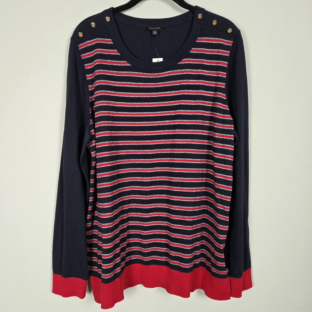 Talbots Womens Striped Long Sleeve Sweater XL Blue Metallic Nautical Preppy NWT